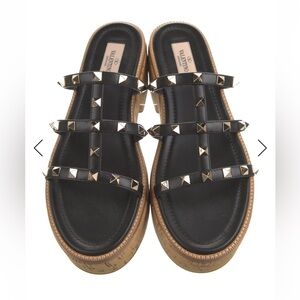 Valentino Rockstud Black Leather Platform Slide Mules
